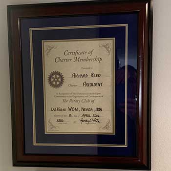 Las Vegas WON Rotary Club Membership Plaque - Richard Reed first president 2016,